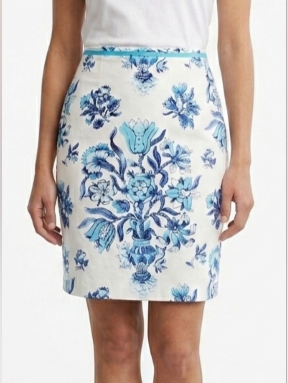 Talbots White Pencil Skirt with Blue Floral Print Size 10P